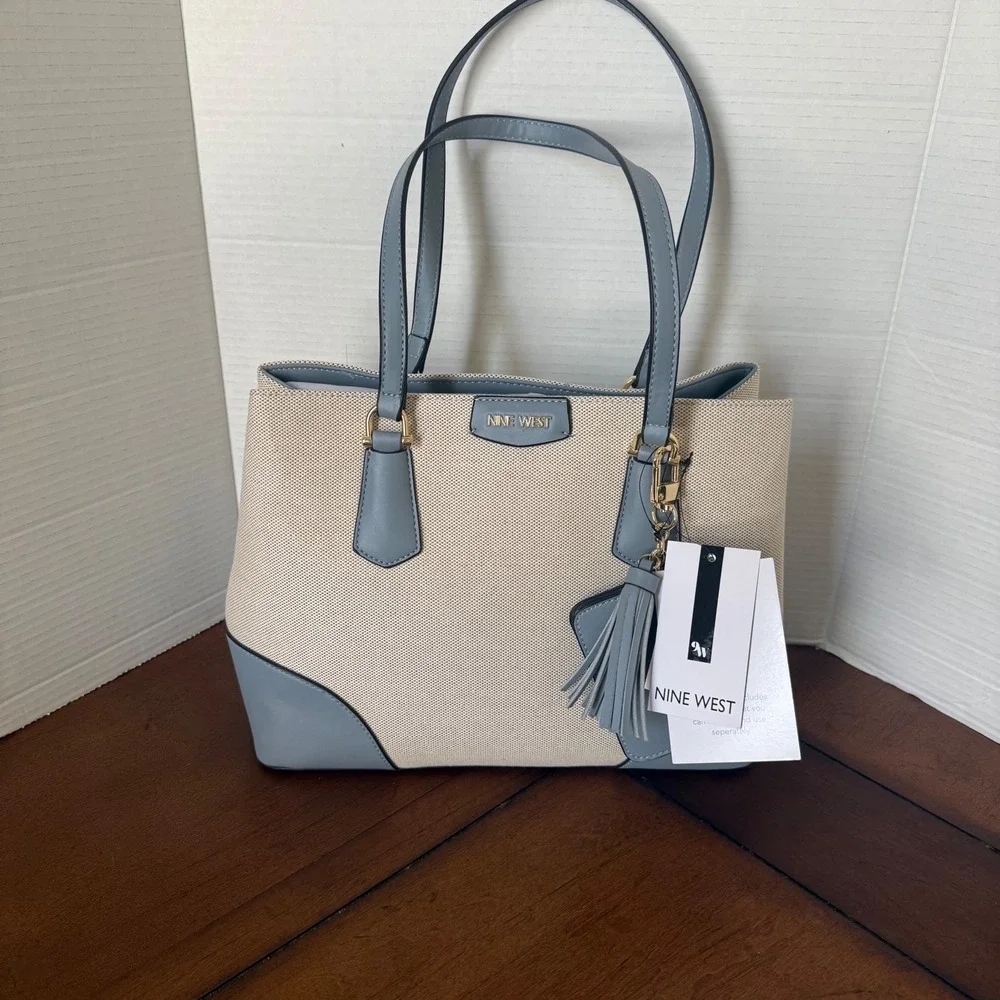 Nine West Canvas Tote Bag Light Blue Trim Triple Compartment Shoulder Bag NWT